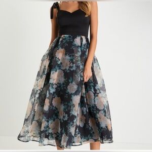 Lulus Debut Darling Black Floral Satin
Organza Tie-strap Midi Dress - Size XL